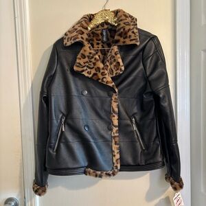 Y2k Leopard Trim Black VegwnLeather Jacket